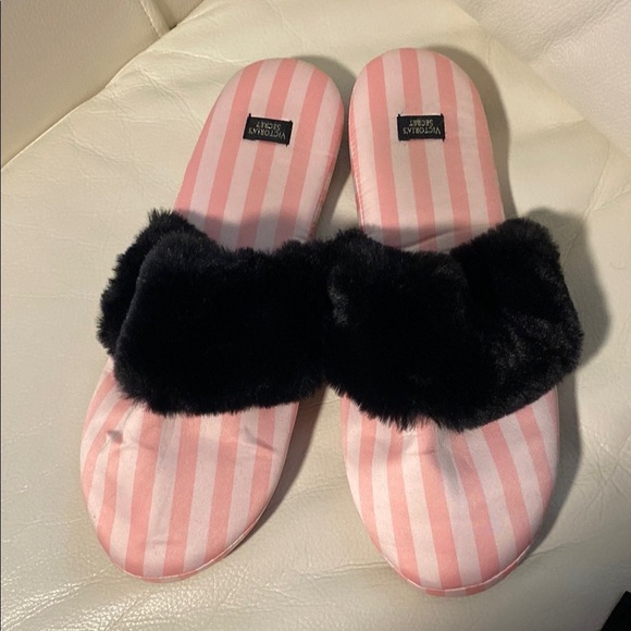Victoria's Secret Shoes - Victoria's Secret Pink Striped Slippers with Black Fur